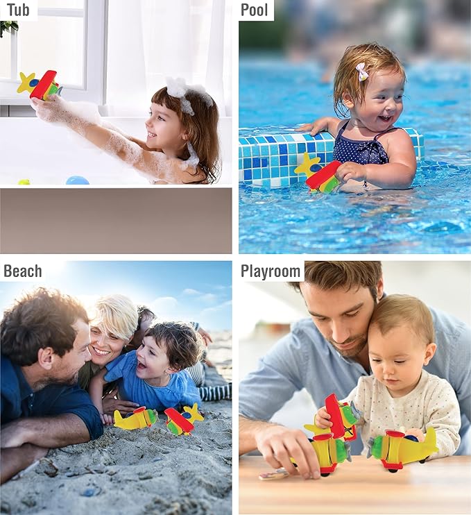 DolliBu Biplane Squirter Bath Toy - Floating Rubber Airplane Baby Toy, Cute Airplane Toys for Kids, Fun Toddler Bath Squirt Toys for Pool, Bathtub, or Beach