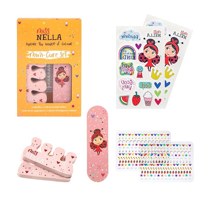 Miss Nella Summer MANICUTE- kids nail kit + 2 Miss Nella peel off polish, nail stickers, tattoos, nail filer & toe separators- all designed foe children hands & toes