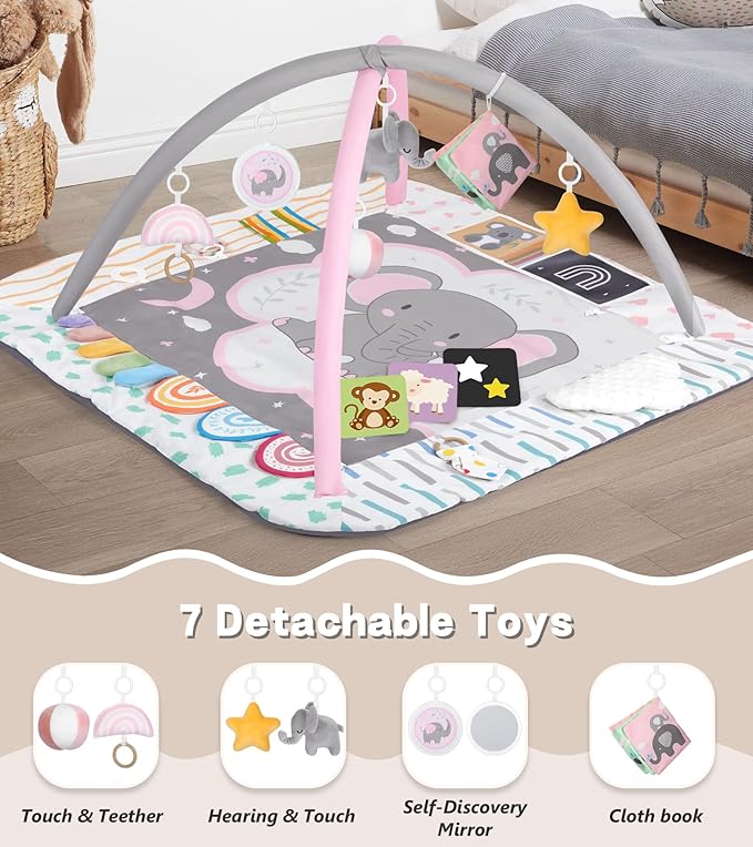 Baby Play Mat Activity Gym, 6 Developmental Zones Tummy Time Mat, 6 Detachable Sensory Toys and Educational Cards, Essential Baby Shower Set, Pink Elephant