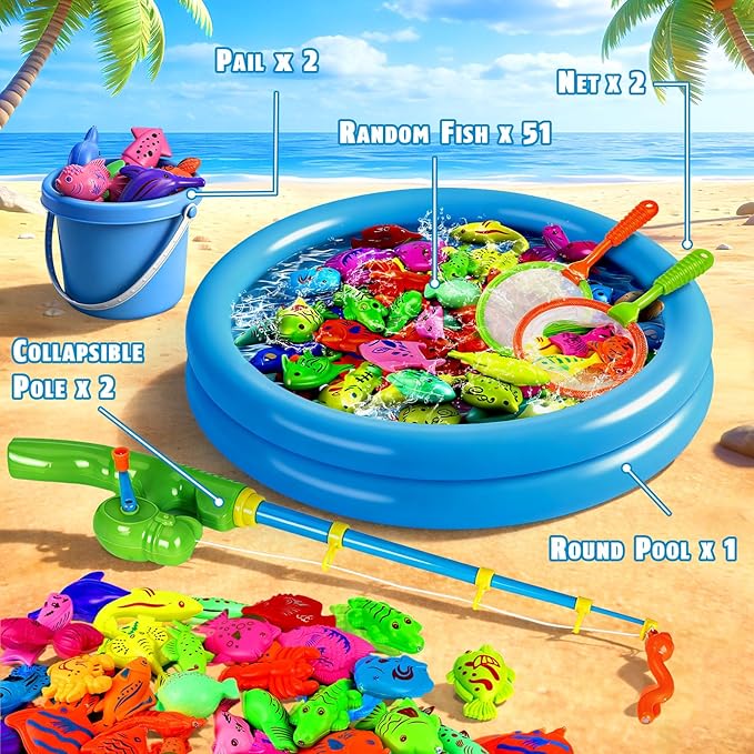 CozyBomB™ Magnetic Fishing Toys Game Set for Kids | Water Table Bathtub Kiddie Pool Party Pole Rod Net, Outdoor Plastic Floating Fish, Toddler Bath Color Ocean Sea Animals Birthday Gift Age 3-5 6 4-8