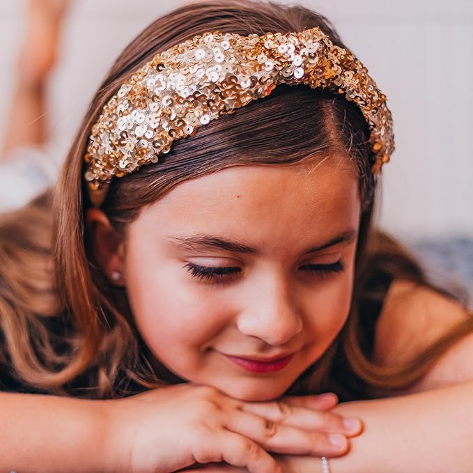 FROG SAC Sequin Knot Headband for Girls - Gold Knotted Head Bands for Kids, Sparkly Little Girl Headbands, Cute Tween Beaded Hair Band Accessories, Easter Basket Fillers Stocking Stuffers
