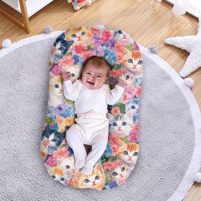 Cat Floral Baby Lounger Covers Soft Lounger Pillow Cover Cute Kittens Newborn Infant Co Sleeping Baby Nest Slipcover 31.5'' x 21.3'' for Home Travel