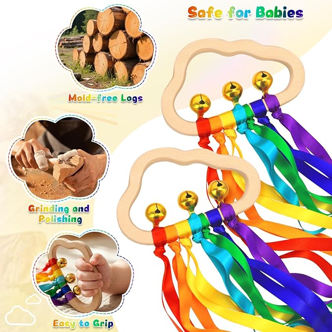 Baby Sensory Wooden Rattle Toys - 2PCS Rainbow Ribbon Ring Toys Wood Rattle Molar Circle Newborn Sensory Montessori Toy for Infant Babies Toddler