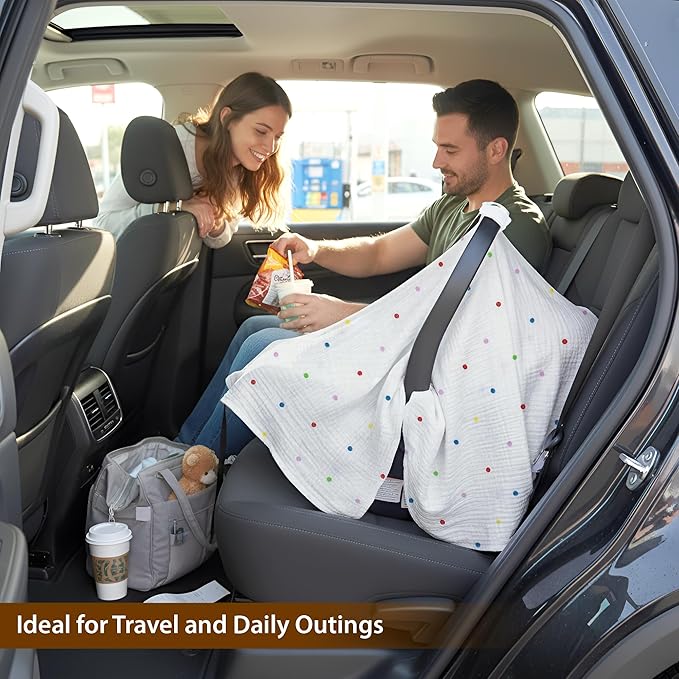100% Organic Muslin Cotton Car Seat Cover 35 x 50 Inches Soft Touch Breathable Canopy, Protective Car Seat Cover Baby All Seasons Lightweight Car Seat Cover Travel Comfort (Multi-Color Dots)