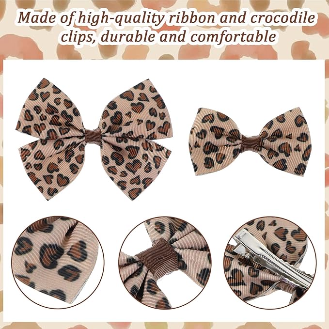 Qianyu 6 Pcs Leopard Bowknot Hair Bow Clips with Metal Slides Aesthetic Cheetah Print Costume Accessories Vintage Bowknot Spring Snap Hair Clips for Long Hair for Women Girls Teens