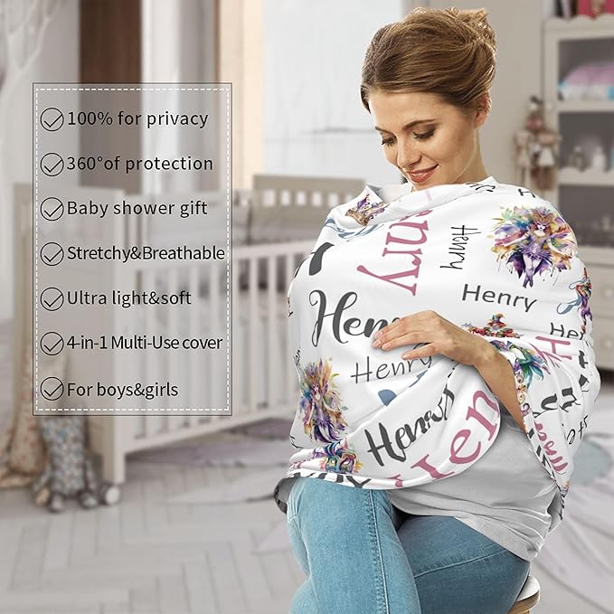 Personalized Car Seat Covers with Name, Crown Baby Canopy Carrier Cover, Breathable Breastfeeding Nursing Cover, Stretchy Multi-Use Infant Carseat Stroller Cover