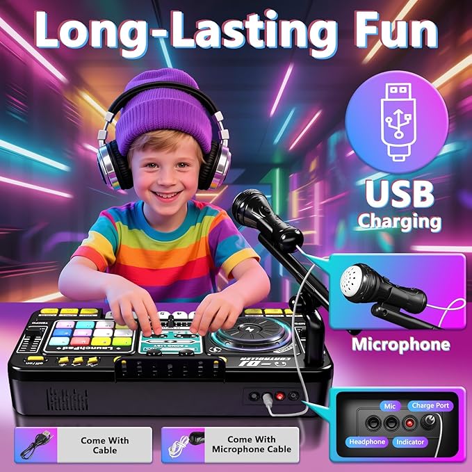 OZMI Kids DJ Music Mixer Table Board Set Toy with Microphone, Lights – Interactive Musical Toys for Ages 3-12 | 100+ Sounds, Piano Keys, Disco Mode, Rechargeable for Kids Boys & Girls