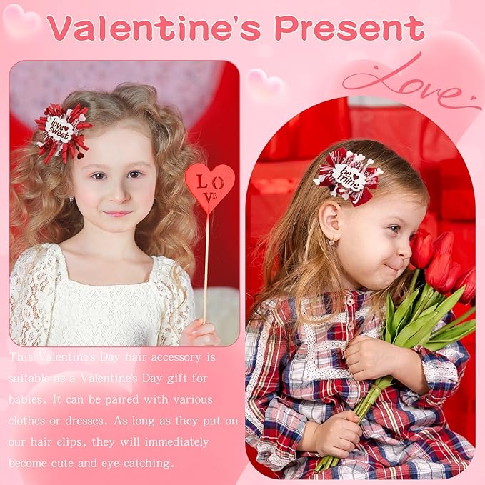 CN 4PCS Valentines Day Hair Bows for Girls Red Pink Love Heart Hair Clips Grosgrain Ribbon with Alligator Clips Hair Accessories for Kids Toddler Teens on Valentines Birthday