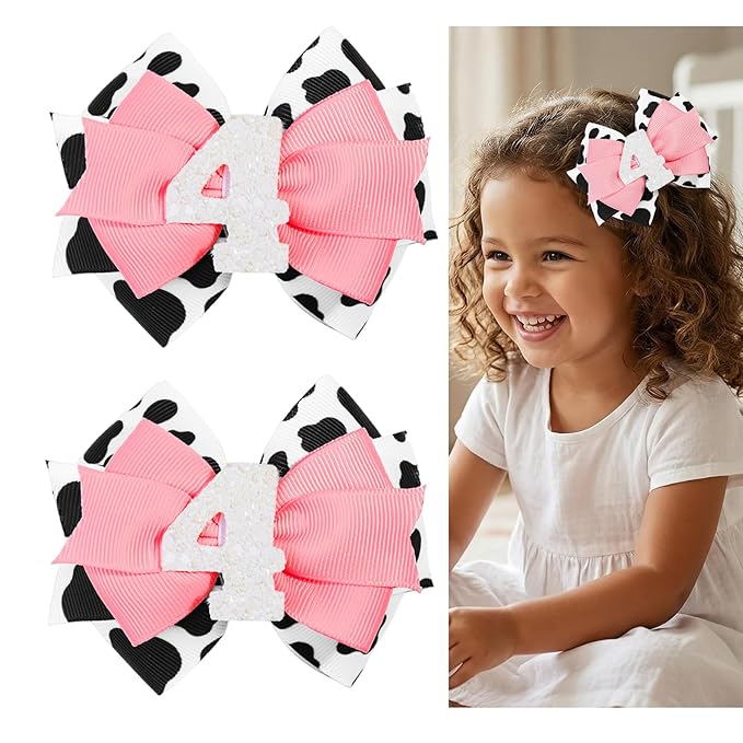 Cow Print Birthday Bow Hair Clip, Pink Farm Animal Theme 4 Year Old Hair Bow Clip Accessory for Toddler Girls Party Baby Shower Decor