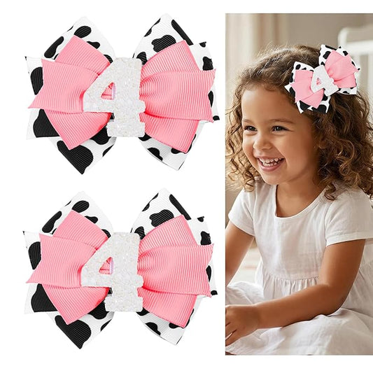 Cow Print Birthday Bow Hair Clip, Pink Farm Animal Theme 4 Year Old Hair Bow Clip Accessory for Toddler Girls Party Baby Shower Decor
