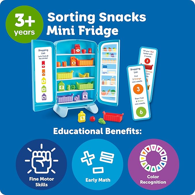 Learning Resources Sorting Snacks Mini Fridge - Play Food, Toddler Kitchen, Montessori , Color Sorting Sensory, Gifts for Boys and Girls, Preschool Games, Fine Motor Skills, Counting, Kindergarten