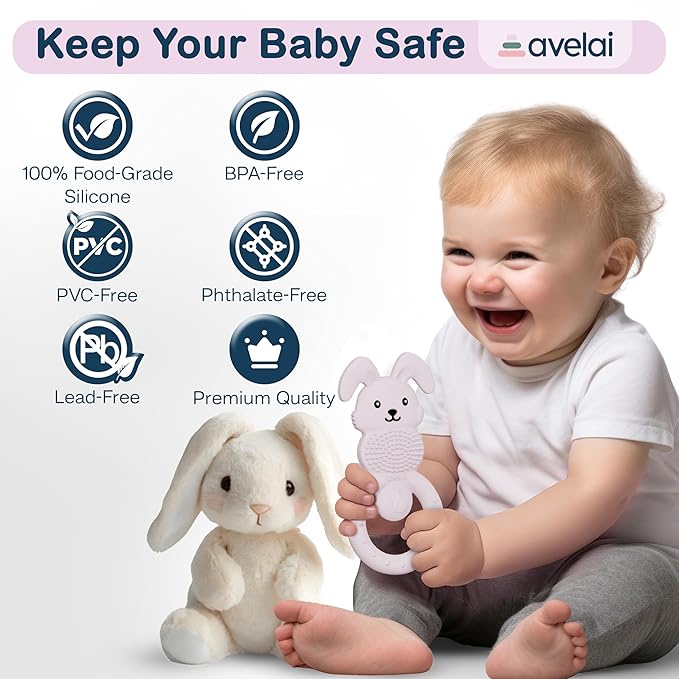 Bunny Baby Teether - Teething Toys for Babies 3-6 Months Teething Relief, Silicone Baby Teether Toys BPA Free, Baby Chew Toys & Infant Toys 0-12 Months, Baby Teethers Boys Girls