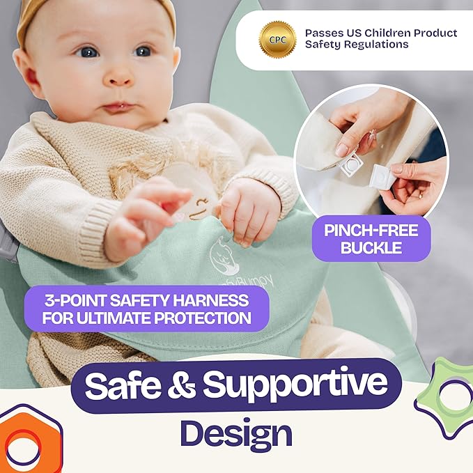 ComfyBumpy Ergonomic Baby Bouncer Seat - Bonus Travel Carry Case - Safe, Portable Bouncing Chair with Adjustable Height Positions - Infant Bouncy Seat Perfect for Newborn Babies (Green)