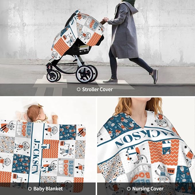 Personalized Baby Car Seat Canopy for Boys Girls, Custom Name Baby Car Seats Covers for Babies, Opening Minky Nursing Breastfeeding Stroller Cover Infant Carseat Canopies for Newborn (Robot)