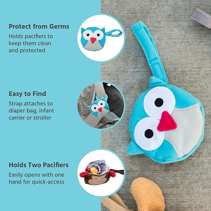 J.L. Childress Pacifier Pal - Pacifier Holder Case and Toy - Plush Binky Holder Toy - Developmental Toy Helps Calm Baby in The Car - Opens with One Hand - Fits 2-3 Binkys - Teal Owl