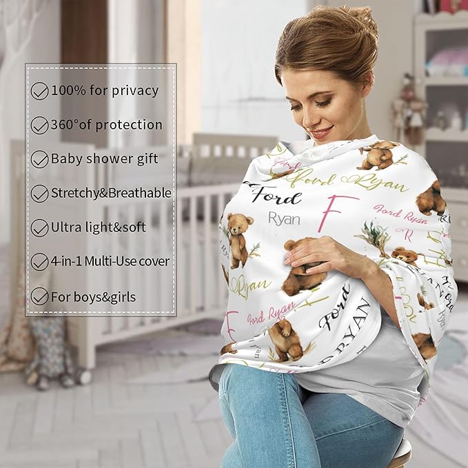 Personalized Baby Car Seat Covers for Babies, Custom Bear Nursing Breastfeeding Carseat Canopy with Name, Infant Stroller Covers for Newborn Girls Boys, Breathable Carseat Cover