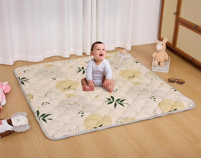 TADO MUSLIN Baby Play Mat 50x50 Inch, Thickened Soft Floor Mat for Playpen, Machine Washable Foam Crawling Mat with Non-Slip Bottom for Babies and Toddlers, Foldable Padded Playmat Boho Terra