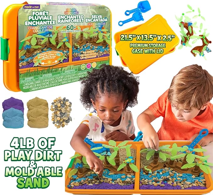 Made By Me Jumbo 60 Piece Color Changing Enchanted Rainforest Sensory Playset, Fun Sensory Bins for Toddlers 3 with 4LB Moldable Sand, Unique Fine Motor Toys