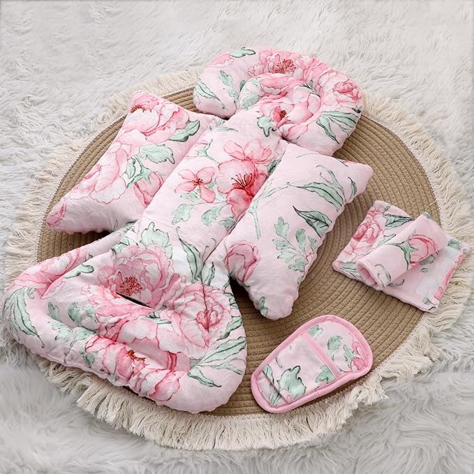 DILIMI Infant Car Seat Insert, Baby Car Seat Head Support with 3 Strap Paddings, Soft Newborn Car Seat Cushion for Stroller, Swing, Bouncers, Pink Flower