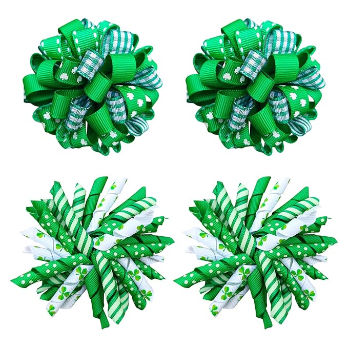 St Patricks Day Korker Hair Bow Clip 3'' Irish Green Shamrock Curly Corker Fireworks Alligator Barrette Toddler Baby Girls Kids Pattys Christmas Holiday Favor Gift Accessories