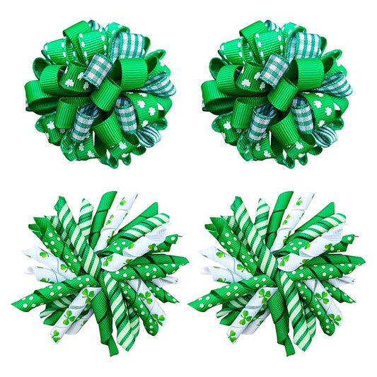 St Patricks Day Korker Hair Bow Clip 3'' Irish Green Shamrock Curly Corker Fireworks Alligator Barrette Toddler Baby Girls Kids Pattys Christmas Holiday Favor Gift Accessories
