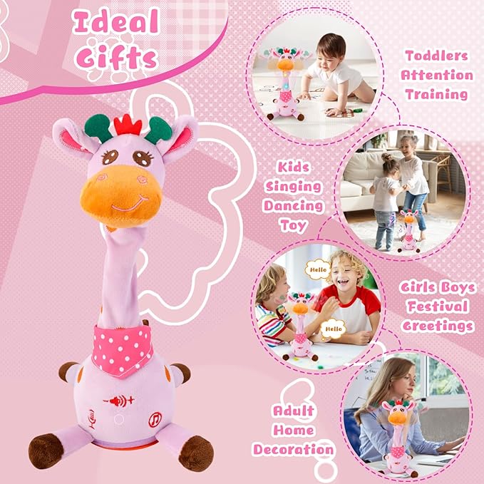 JISONCASE Talking Dancing Giraffe Baby Toy, Adjustable Volume Tummy Time Toy Repeating What You Say, Singing Mimicking Recording Sensory Education for Toddlers Boy Girls