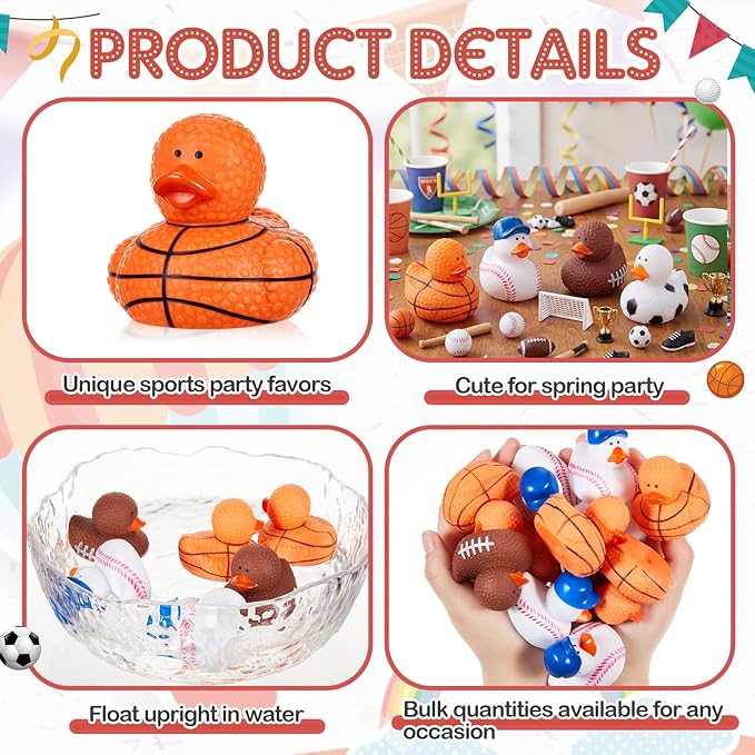 Deekin 24 Pcs Rubber Ducks 2 Inch Bulk Sport Party Favors for Team Events Decorations Birthday Party Supplies Club Player Gift (Basketball,Football,Soccer,Baseball)