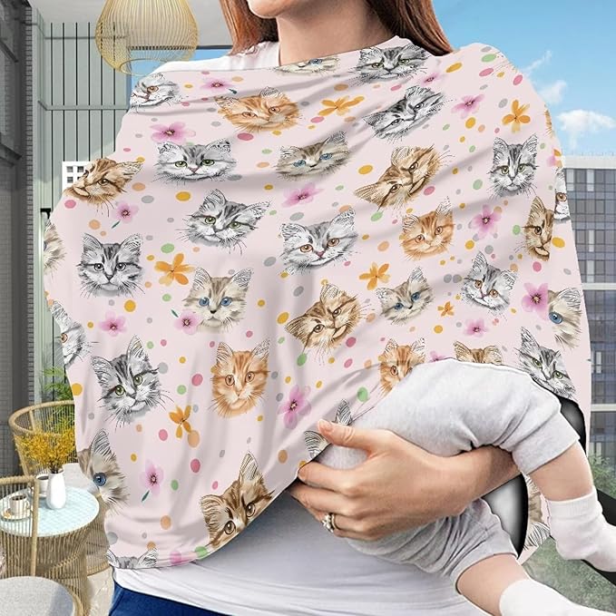 Biyejit Cat Flowers Breathable Car Seat Cover for Babies – Multi-Purpose Soft Rayon Nursing Cover for Breastfeeding, Stretchy Infant Carseat Canopy, Stroller Cover
