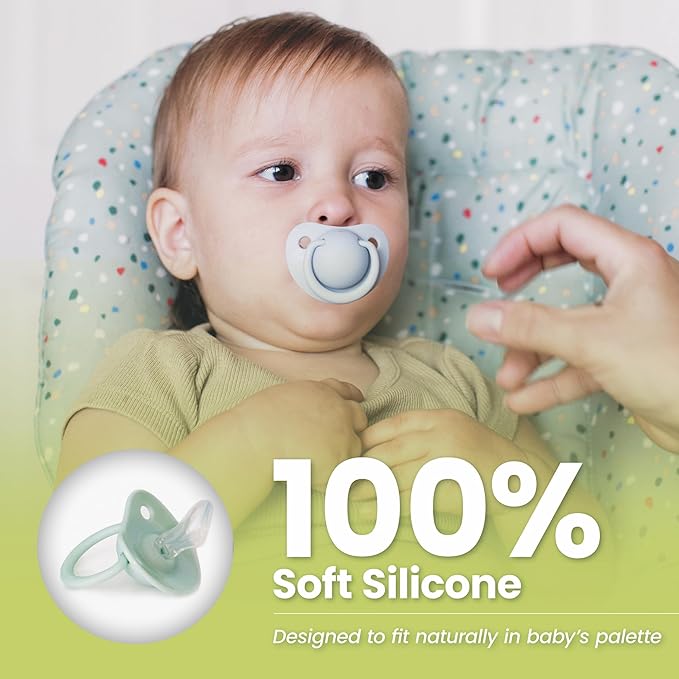 Avima Orthodontic Pacifiers 0-6 Months – BPA-Free Silicone Baby Pacifiers for Newborns & Breastfed Babies, Soothing Baby Binky w/Soft Nipple Design (4-Pack, Green & Grey)