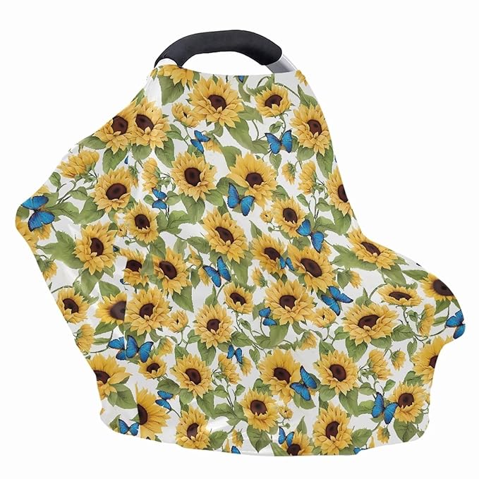 LedBack Blue Butterfly Sunflower Stretchy Car Seat Cover for Babies Nursing Cover Breastfeeding Cover,Soft Breathable Baby Carseat Canopy