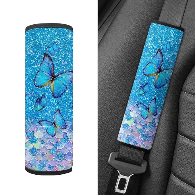 Biyejit Butterfly Scales Car Seat Belt Pads Cover for Kids Boys Girls, Universal Car Seat Belt Shoulder Pads Strap Covers for Adults, Car Seat Belt Cushions 2 Pack