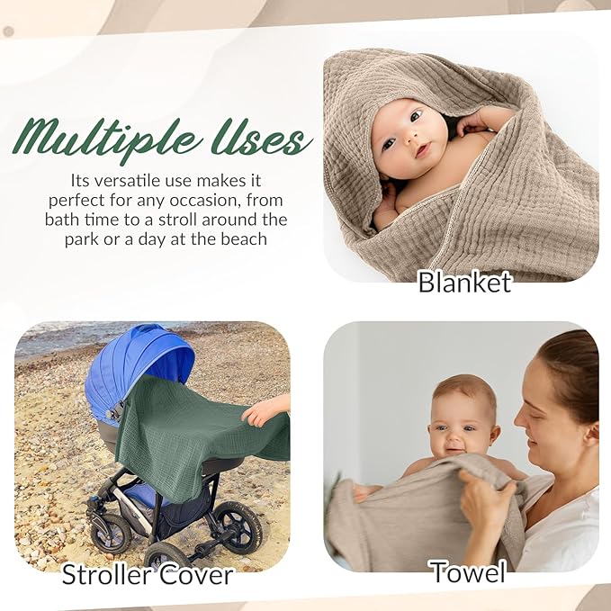 Hahafelt 6 Pcs Muslin Hooded Bath Towels Washcloths and Bibs Set, Muslin Cotton Baby Towels Absorbent Hooded Blanket Towel Infant Bibs for Boys Girls Newborn Infant Essential(Dark Green, Beige)