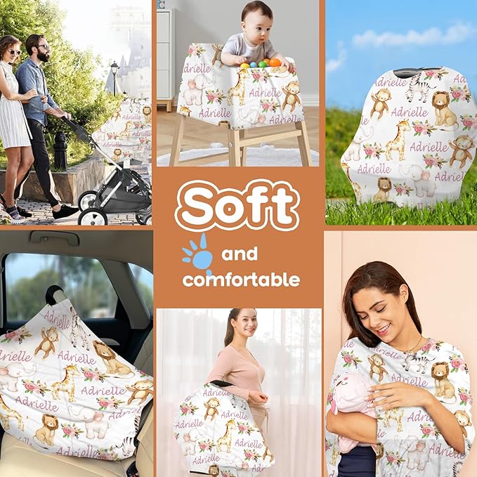 Personalized Baby Car Seat Cover Stroller Canopy: Custom Name Newborn Baby Boy Girl Elastic Animals Nursing Cover for Moms First Birthday Gift Giraffe Monkey(one Size)