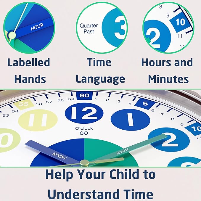 OWLCONIC Clock for Kids – Educational Analog Learning Wall Clock, Non Ticking Teaching Clock for Classroom & Homeschool, Silent Kids Bedroom Décor Blue Green