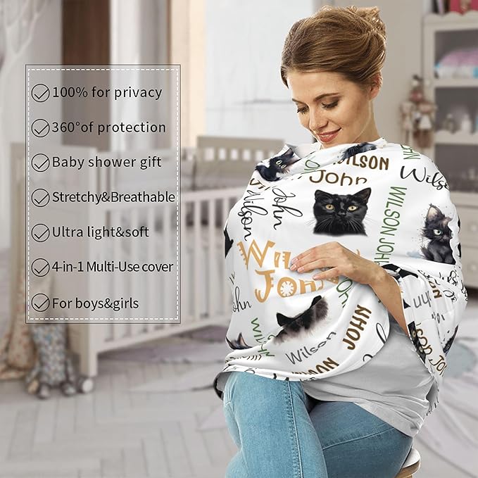 Personalized Car Seat Covers with Name, Cat Baby Canopy Carrier Cover, Breathable Breastfeeding Nursing Cover, Stretchy Multi-Use Infant Carseat Stroller Cover