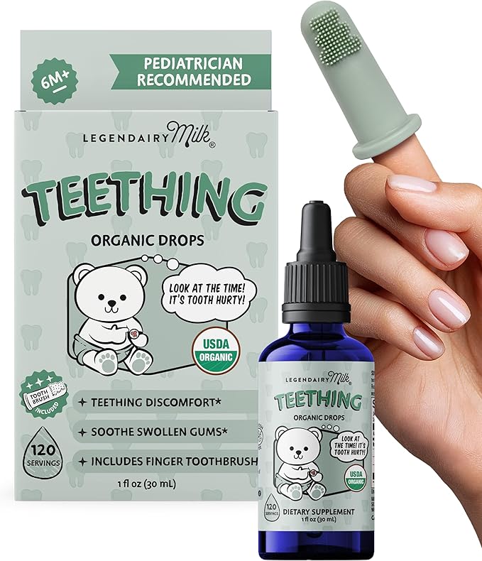 Organic Baby Teething Relief Drops with Silicone Toothbrush, Gum Relief for Babies & Toddlers 6 M+, Soothing Chamomile Clove Blend, Teething Gel Alternative, Sugar Free, 120 Servings, Legendairy Milk