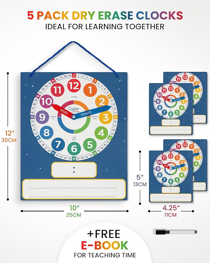 5 Pack Dry Erase Learning Clocks - Award-Winning Large Magnetic Clock & 4 Student Practice Clocks - Analog & Digital Classroom Teaching Tools - Includes E-Book to Help Kids Tell Time Easily
