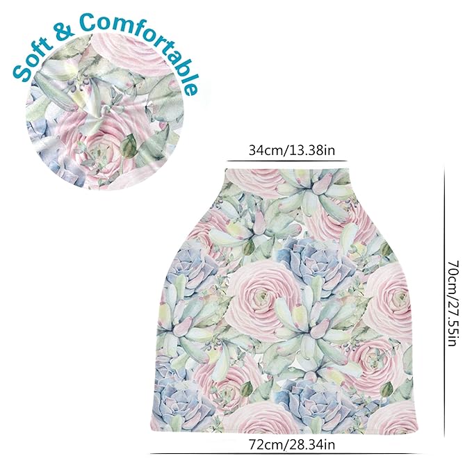 Watercolor Succulents Rose Pattern Pastel Pink Succulent Plant Stretchy Baby Car Seat Cover Infant Canopy Nursing Covers Breastfeeding Cover Breathable Windproof Winter Scarf for Boys Girls