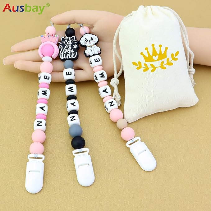 Personalized Pacifier Clip with Name, Custom Animal Pacifier Clip for Baby, Personalized Silicone Pacifier Holder - Boy and Girl Gift (Light Pink)