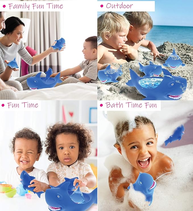 Dollibu Family Animal Bath Squirters 4 Piece Bath Toy Set, Toddler Bath Toys for Bathtime & Water Fun, Girls & Boys Floating Rubber Squirt Toys, Floaty Pool Toys for Toddlers & Kids - Blue Shark