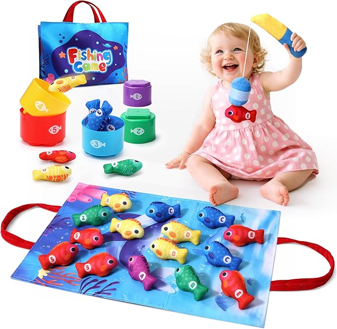 Toys for 1 Year Old Girl Boy, 1st First Birthday Gir Boy Gifts, Montessori Baby Toys 12-18 Months, Cloth Fishing with Stacking Cups, Toddler Learning Toy 1 2 Year Old