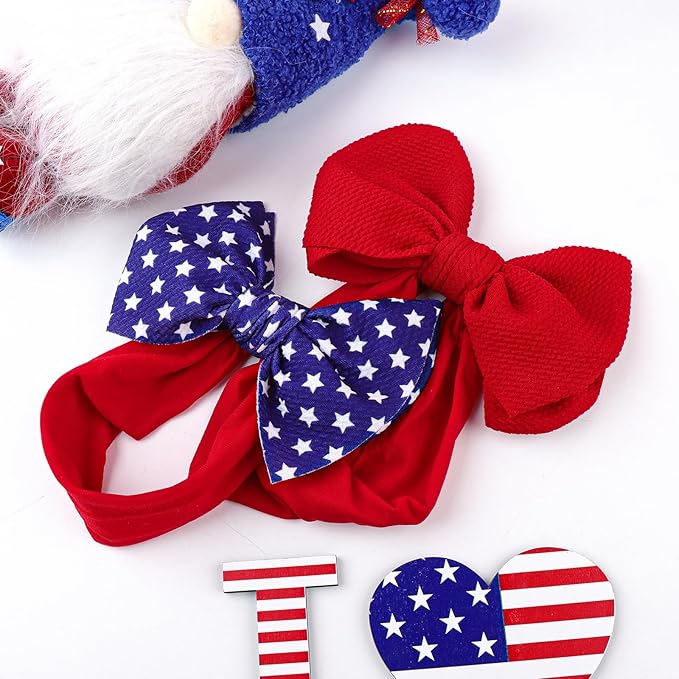 Patriotic 4th of July Hair Accessories for Baby Girls: Toddler Headband with American Flag Bow, White Stars in Red, White, and Blue