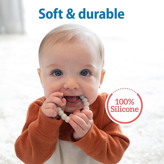 Dr. Brown's Flexees Teether Rings, 100% Silicone, Soft and Easy to Hold, Encourages Self-Soothe, 3 Pack, Pink, White, Gray, BPA Free, 3m+