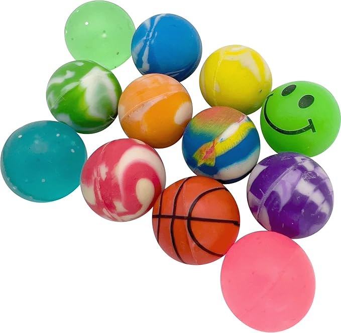 by M&M 2190 Pk12 Rubber Party Bouncers - Classic Colorful Rubber Bouncy Balls, Great Fun for Pet Birds, Beak and Feet Thrilling, Assorted Colors and Designs, Rolls with Ease