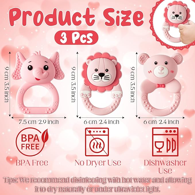 Silicone Teething Toy for Babies - 2ooya 3Pcs Pink Bear Lion Elephant Food Grade Rattle Teether Infant BPA Free Sore Gums Pain Teething Relief Chew Sensory Toy for Newborn Girl Baby Shower Birthday