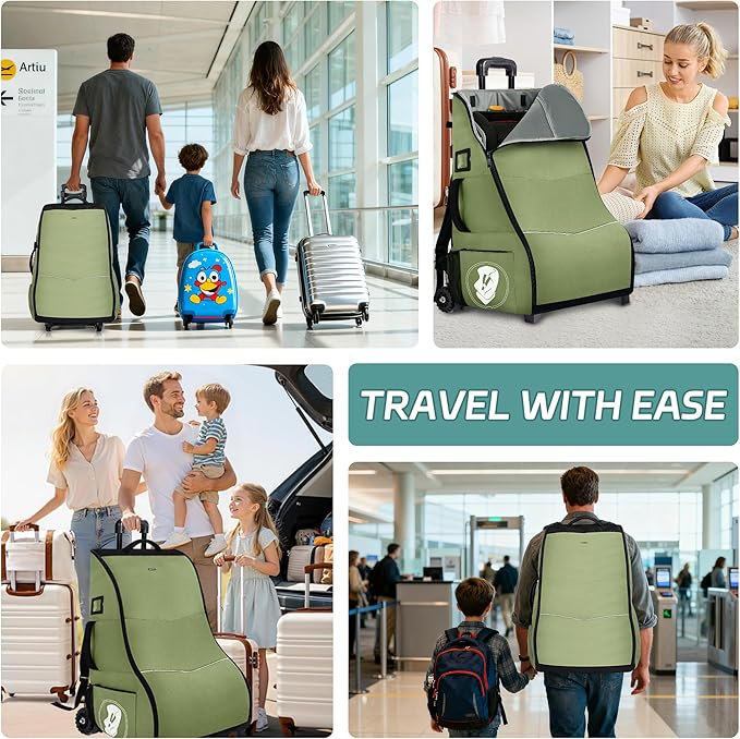 Rolling Car Seat Travel Bag with Wheels – Car Seat Backpack Transport Case for Airplane Travel, Fits Convertible & Booster Seats, Protective Storage Cover, (Green)