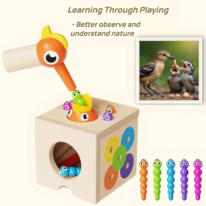 5 in 1 Montessori Toys for 2 3 Year Old Boys and Girls, Wooden Learning Toys with Object Permanence, Bird Feeding Game, Fine Motor Skills, Problem Sloving