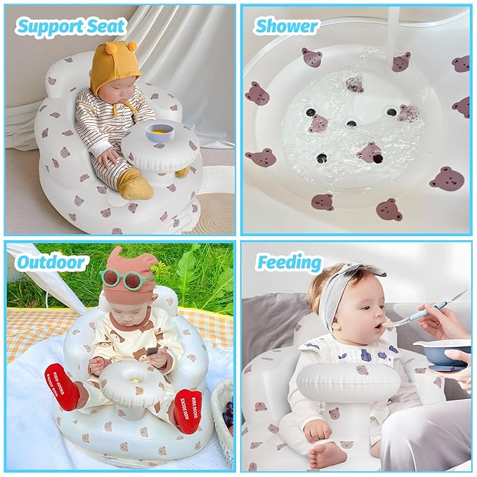 Zenflux Inflatable Baby Chairs with Tray for Babies 3 Months and Up, Sit Me Up Floor Seats for Sitting Up, Built in Air Pump Baby Seats for Kids, Blow Up Baby Chair with Back Support - Cute Bear