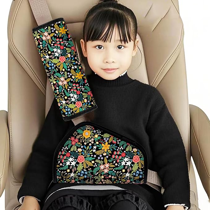 Kid's Seat Belt Cover Pad, Neck & Abdomen Cushion for Children- Soft and Breathable Straps Cover Support (Wild Flower)