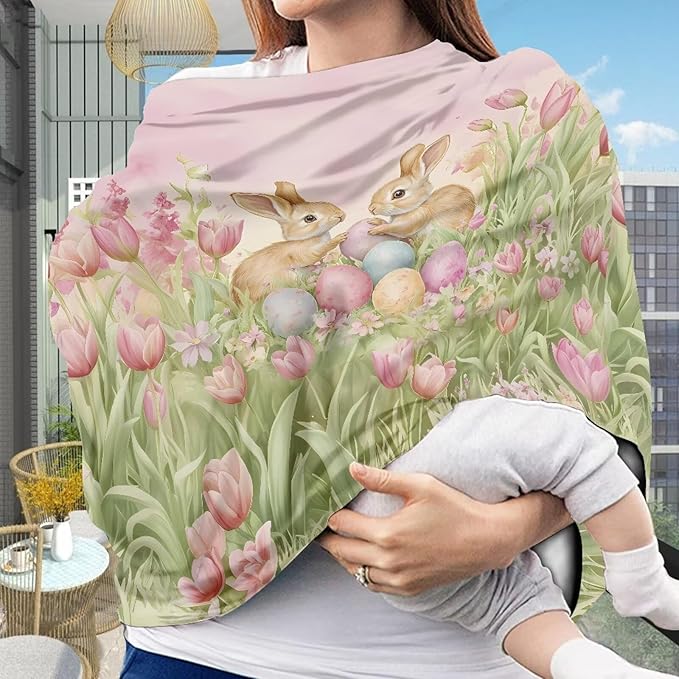 Biyejit Easter Multi-Use Cover: Car Seat Covers, Nursing Cover, and Stroller Cover for Sun - Stretchy Fabric, All-Season Use, Stylish Designs, Easy Access for Moms, Tulip Bunny Rabbits
